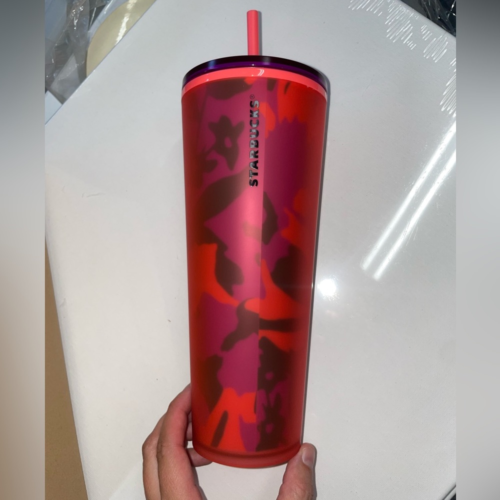 Soft Touch Red Coral Floral Frosted Venti Starbucks Tumbler